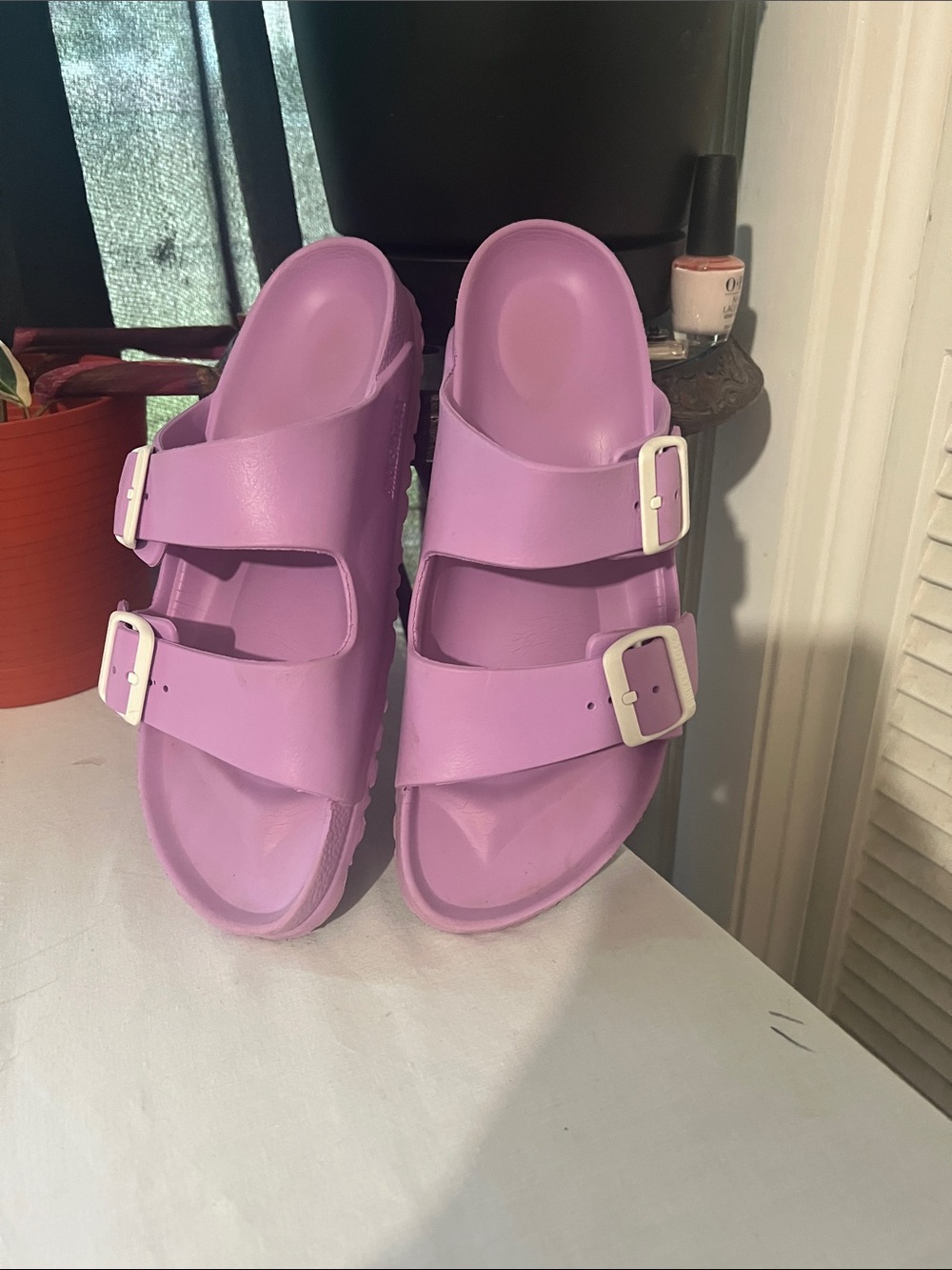 Birkenstock Lavender EVA Slide with White Logo Buckle
